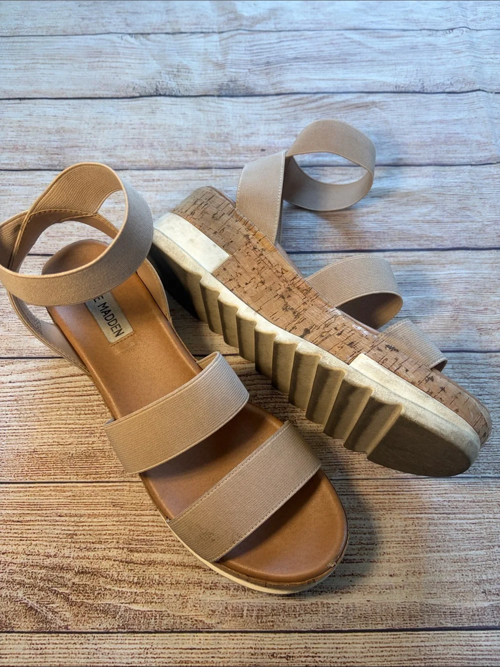 Steve Madden Beige Elastic-Strap Wedge Sandals Size 8M